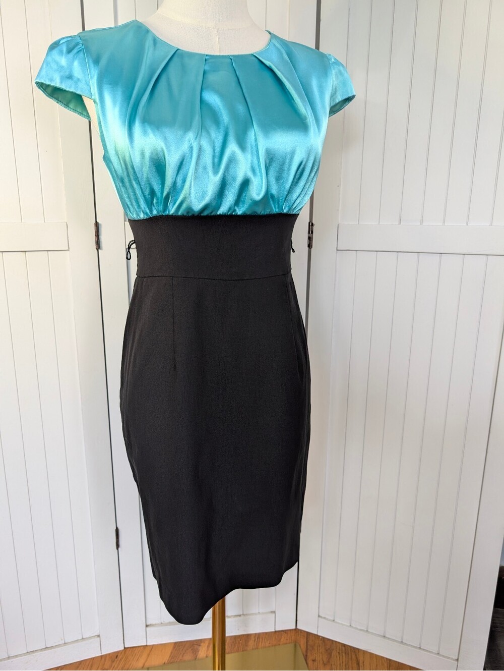 Vintage Y2K Dressbarn Dress 4 Turquoise Black Satin Sheath Made USA Cocktail